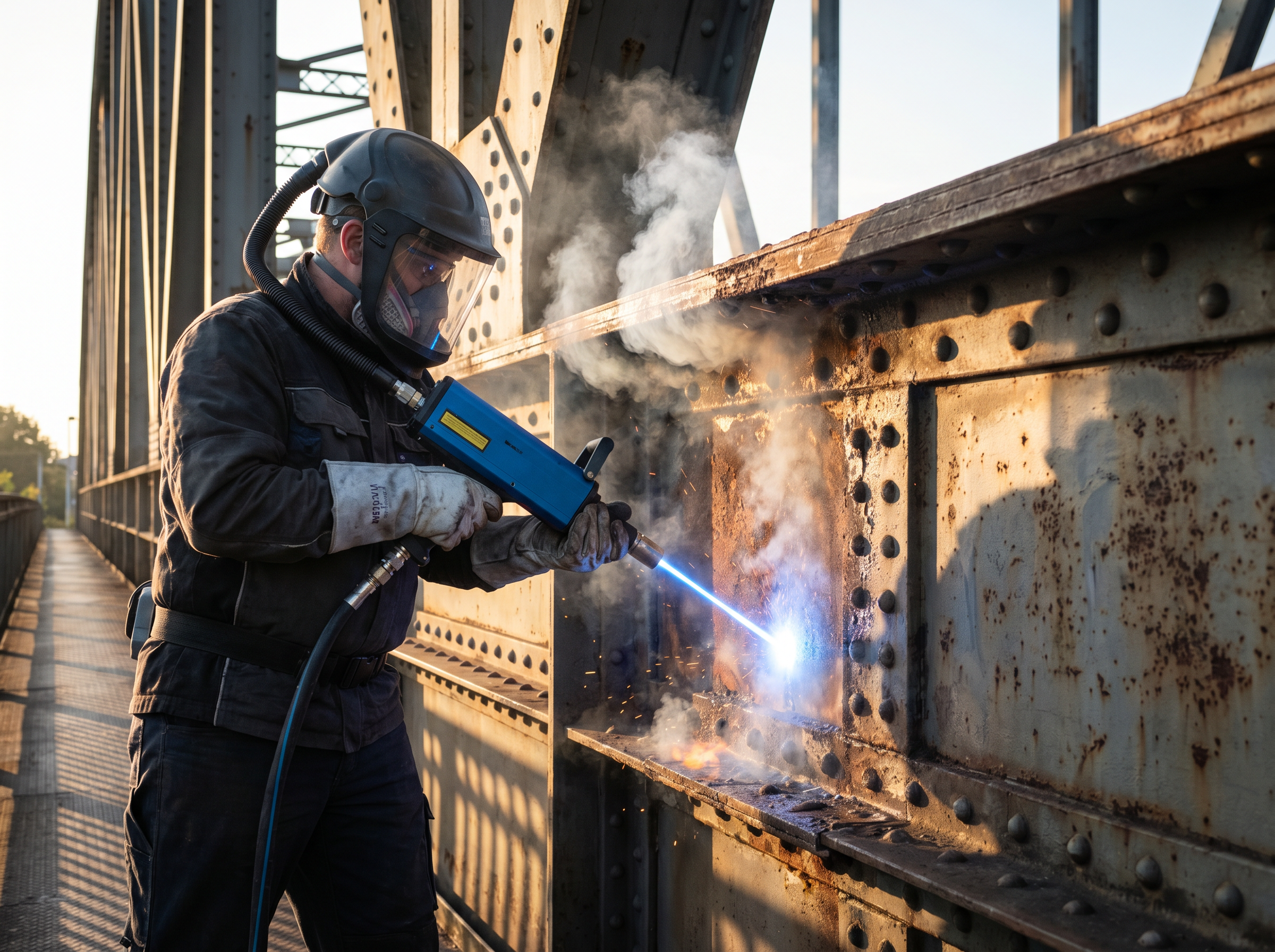 Laser cleaning in progress on bridge steelwork